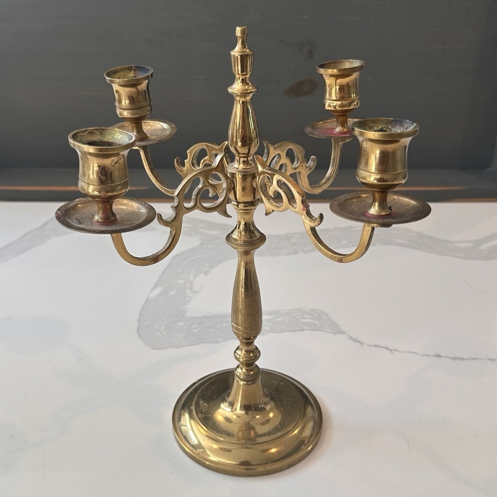 Vintage Brass 4 Candle Holder Candelabra Centerpiece Japan MCM 9x9.5